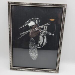 Vintage Foil Bird Birds Picture Black Silver Framed Read